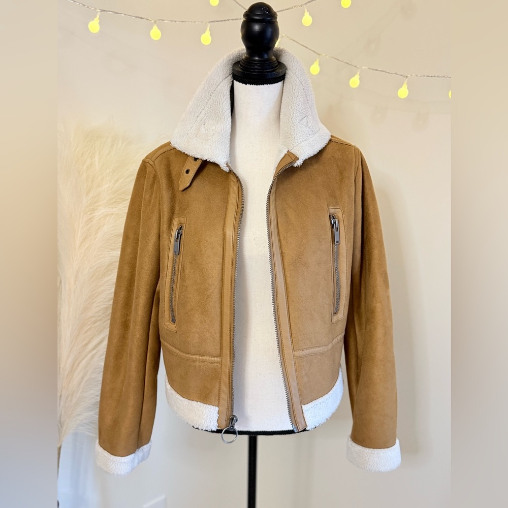 Tan Faux Suede and Shearling Bomber Jacket with‎ Cream Accents